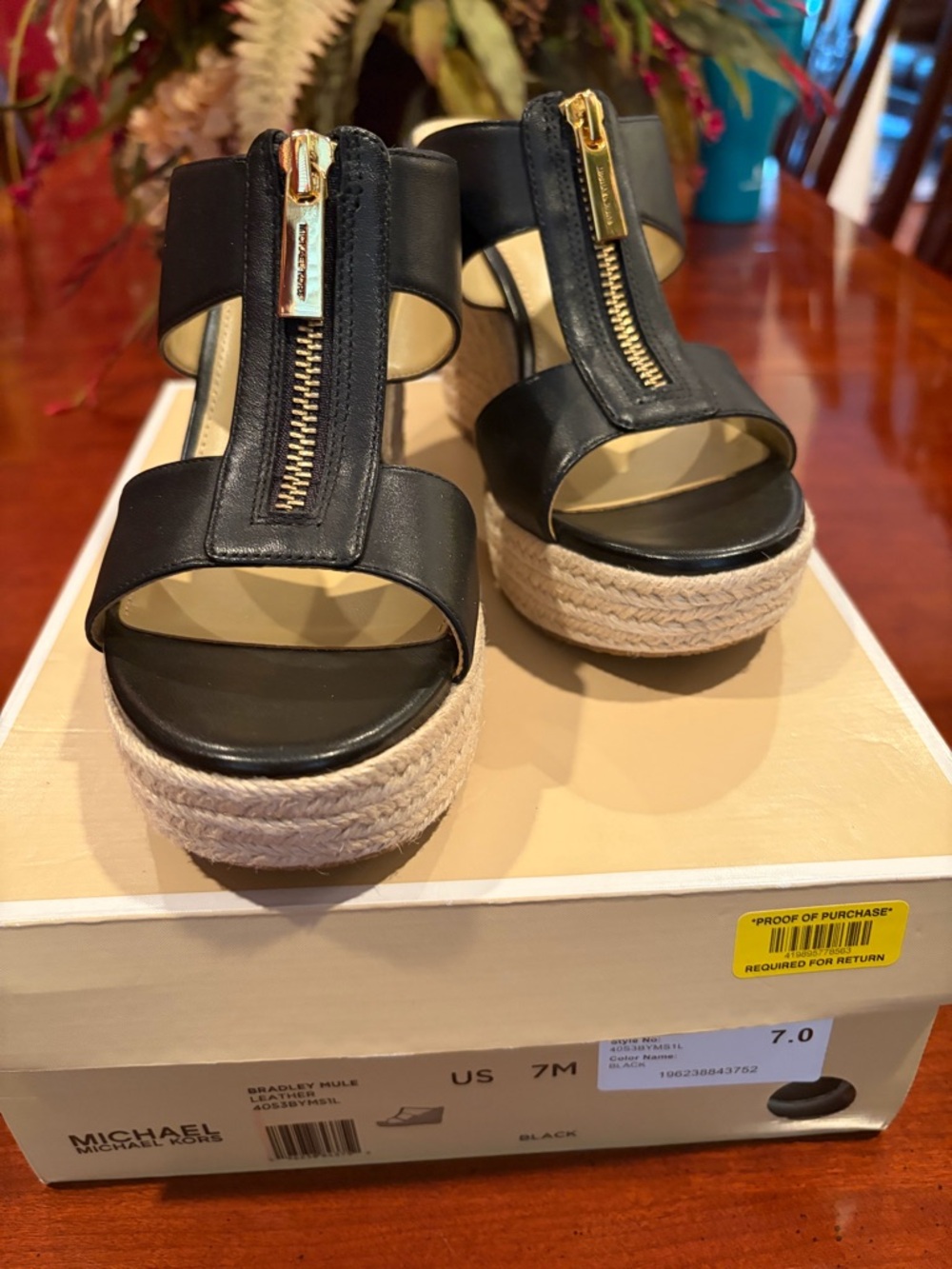 MICHAEL Michael Kors Black Leather Espadrille Wedge Sandals with Gold Zip